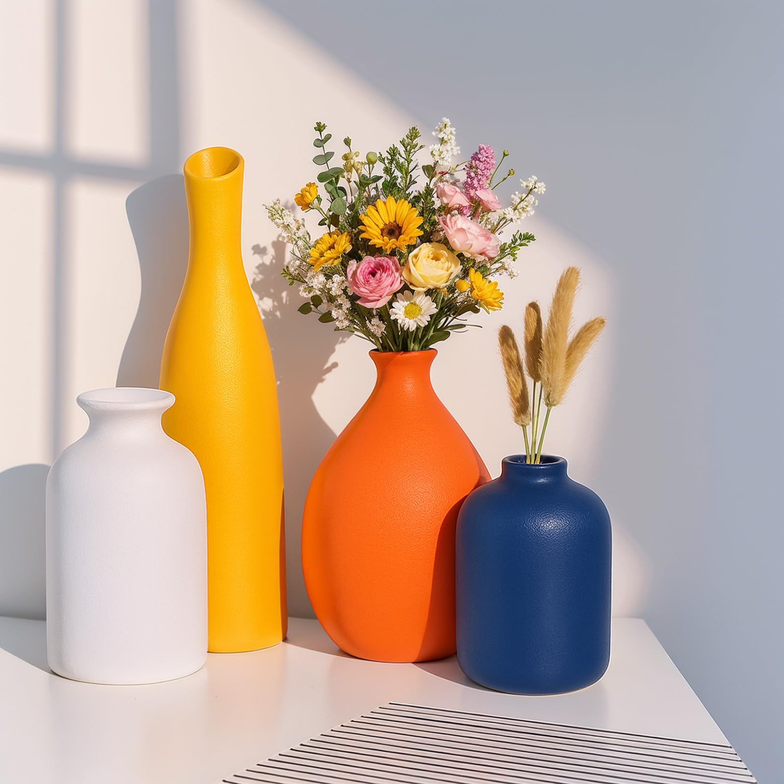 Multi-Color Ceramic Small Bud Vases Set of 4, White Yellow Orange Blue Vase, Modern Minimalism Style Vases for Rustic Home Decor, Ideal Decorative