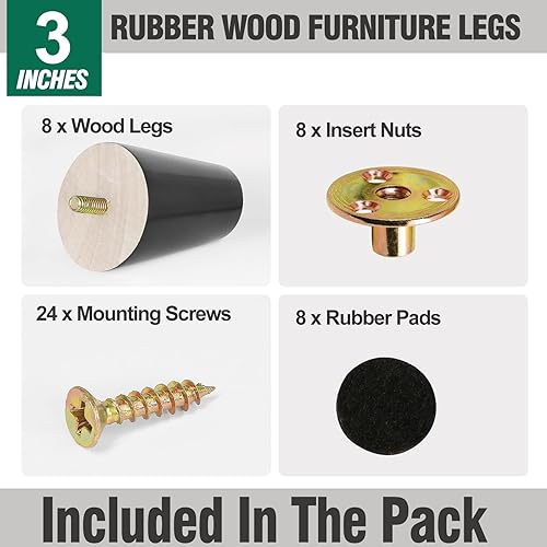 Miniatura 2 de FoDau770 Patas de madera de goma negra para muebles de 3 pulgadas, patas de madera cónicas inclinadas para sofá de mediados de siglo, juego de 8,