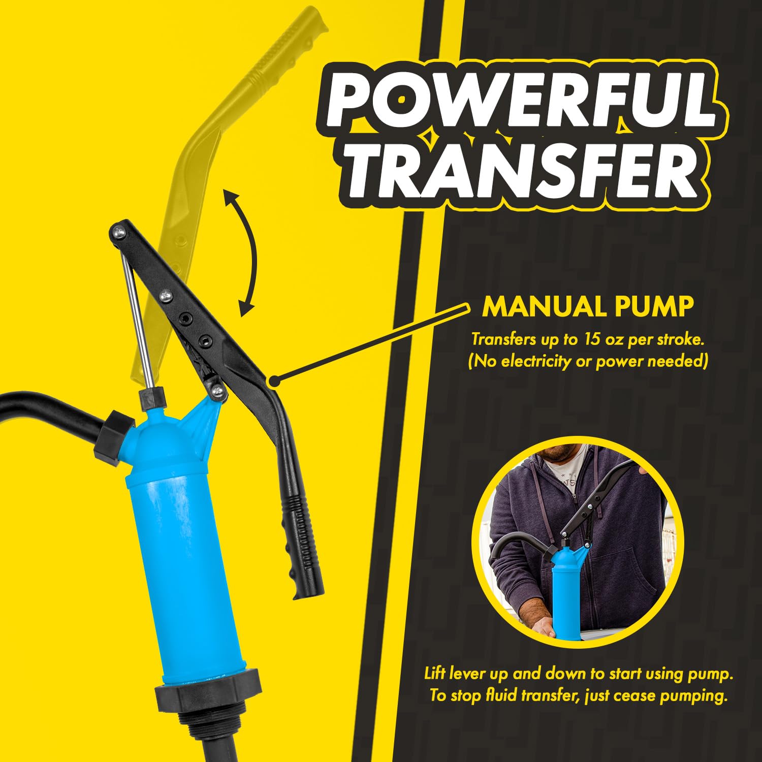 Pompe à tambour manuelle à levier pour diesel, huiles légères, lubrifiants, antigel, alcools – Fabriquée en polypropylène et tige chromée – Compatible avec les conteneurs de tambour de 58 à