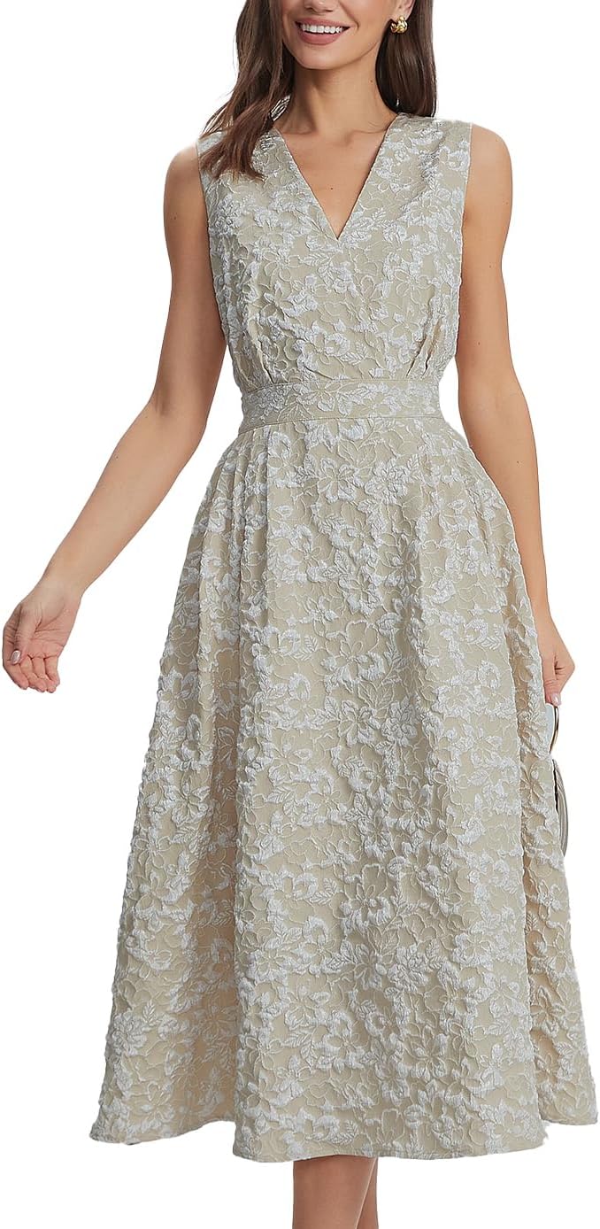 Ladyful Sleeveless Floral Jacquard Dress for Women Summer V Neck Midi Dress Elegant Cocktail Party Dresses with Pockets - Image 6