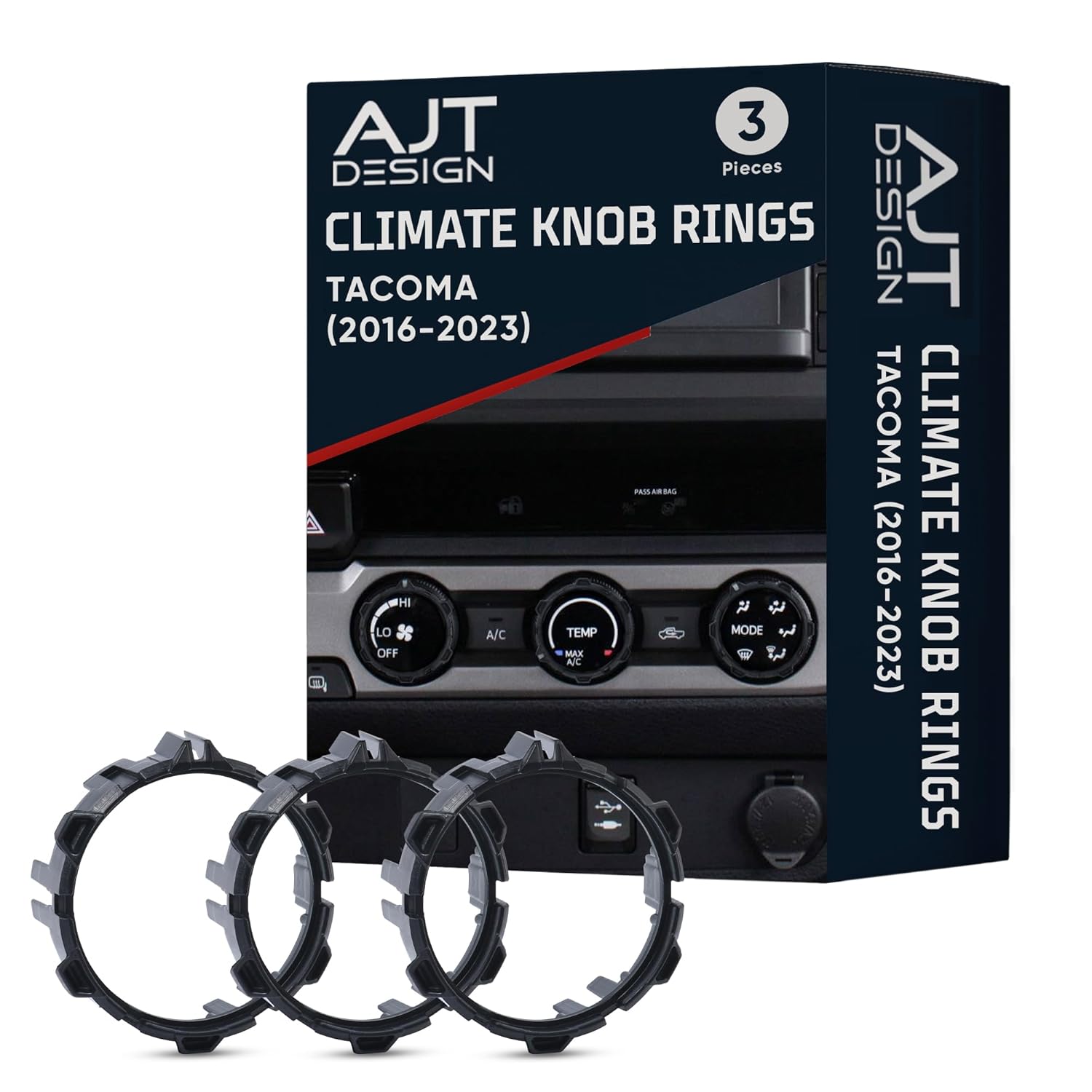 AJT Design Climate Knob Rings Compatible with Toyota Tacoma 2016-2023 (3rd Gen Tacoma), 3-Pack | High-Strength ABS Replacement Trim Rings | Perfect Fit & Easy Install | Made in USA - Black