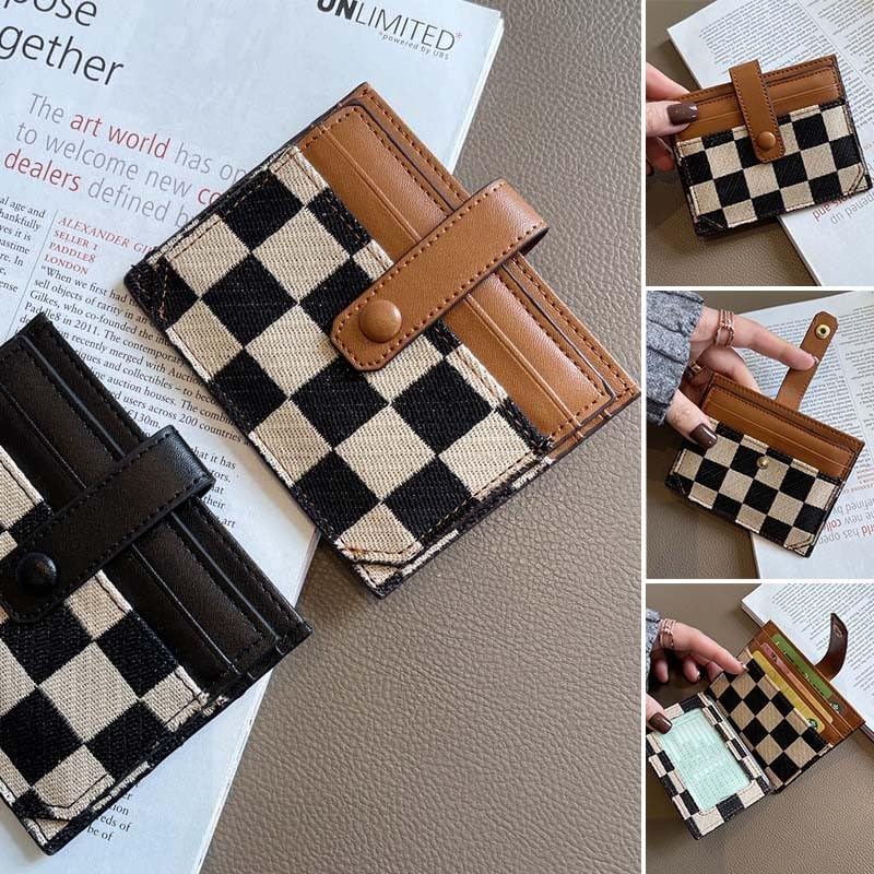 Women's Colorblock Plaid Pattern Compact Wallet, Colorblock Plaid Pattern Short Wallet, Multi-card Slot Black and White Plaid Credit Card Holder, Canvas Card Holder Wallet with ID Window (Black)2