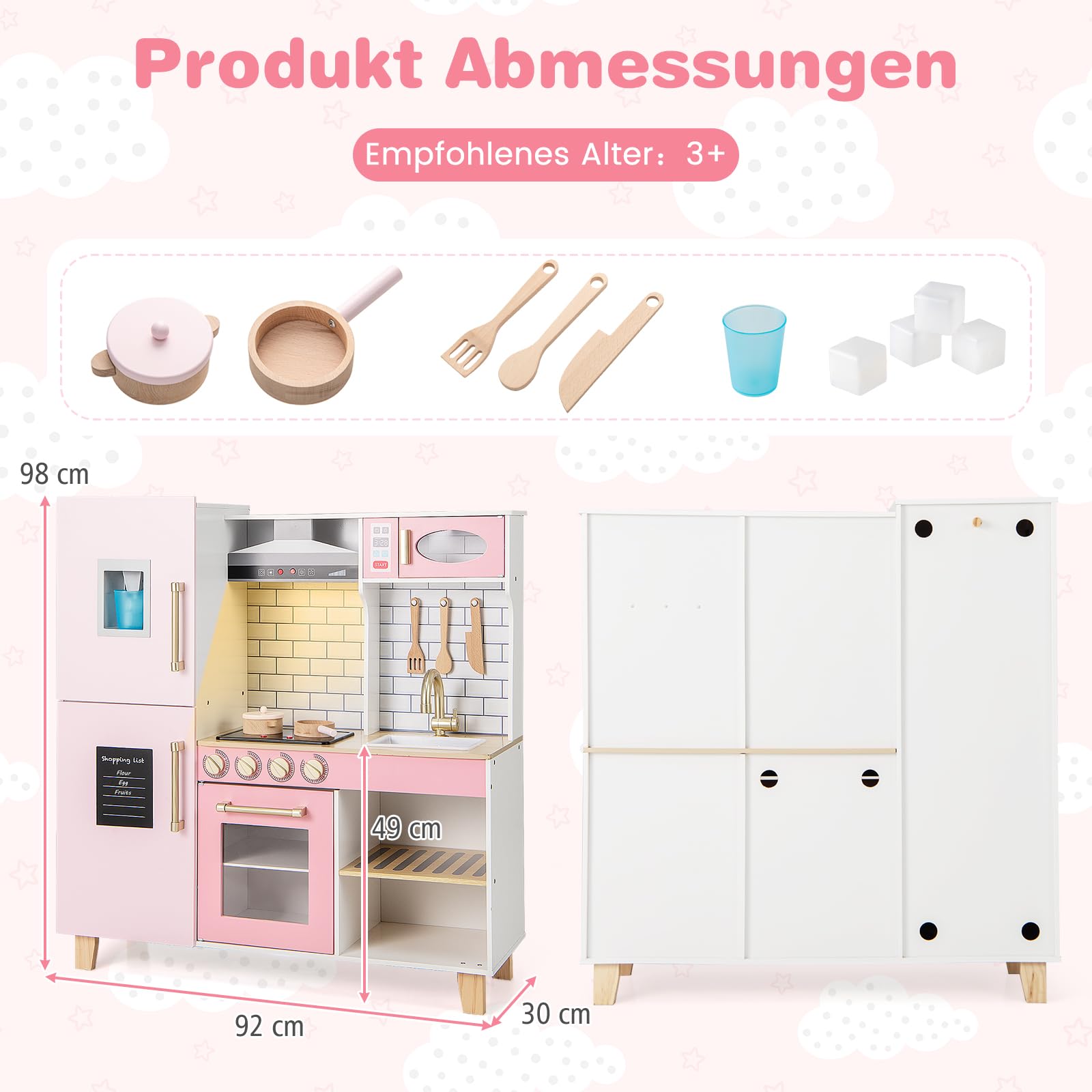 DREAMADE Kinderküche Holz mit 10 TLG. Zubehör, Holzküche Kinder Küche mit Herd Dunstabzugshaube Eismaschine Ofen, Spielküche mit Licht und Sound für Kinder ab 3 Jahren (Rosa)