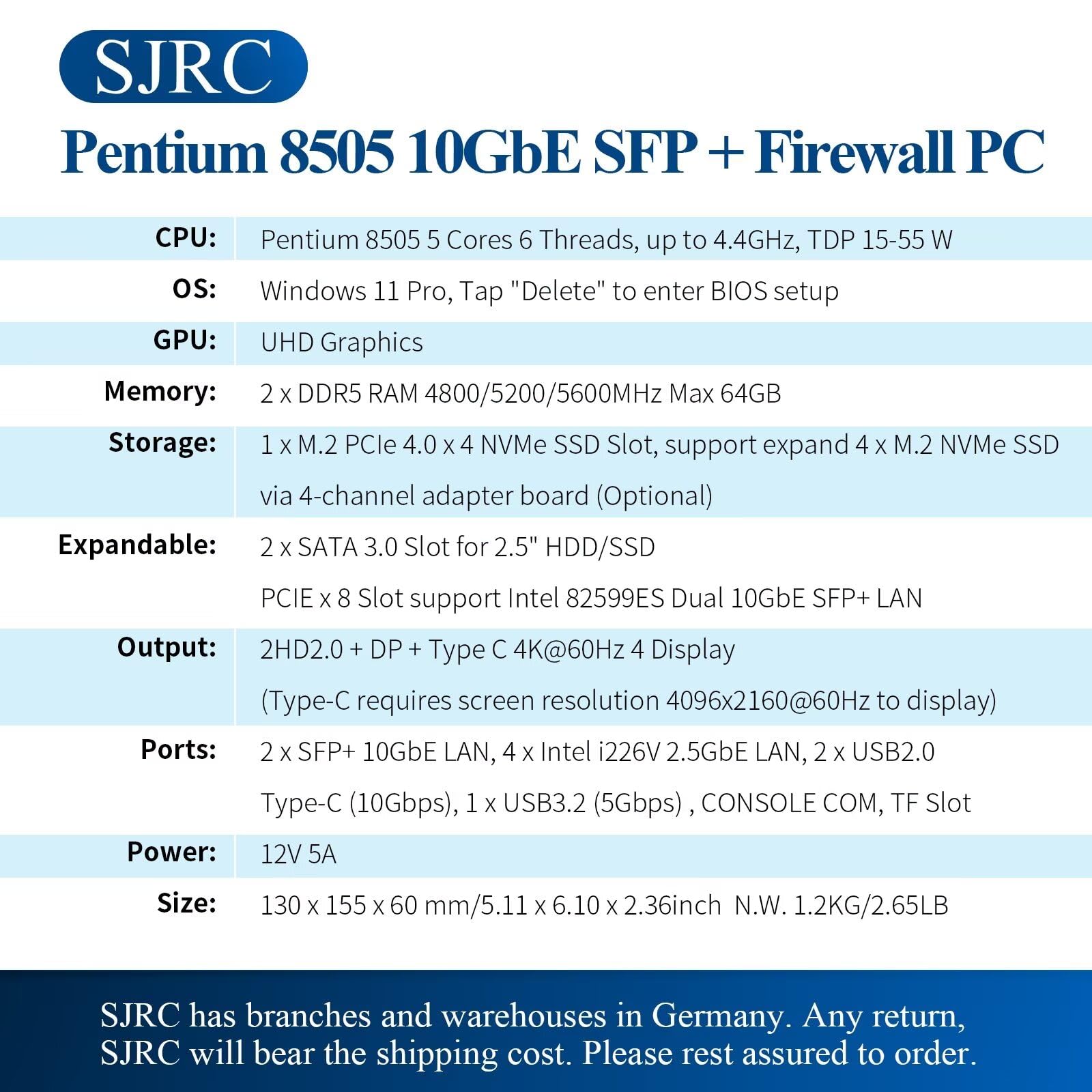 SJRC Firewall 10 GbE mini PC, 12. generacji 5 Core Pentium Gold 8505 Micro Applicance, Dual SFP+ 10 Gigabit, 4 x i226 V 2,5 GbE LAN, DDR5 32 GB RAM 512 GB SSD, HD, DP, Typc-C, 4K, TF Slot