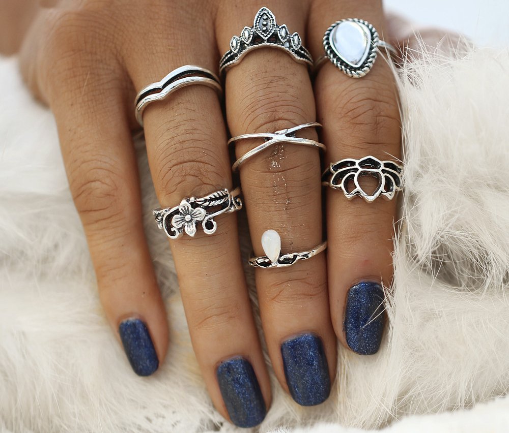 Set of 7 Boho Midi Finger Ring (Oxidised)