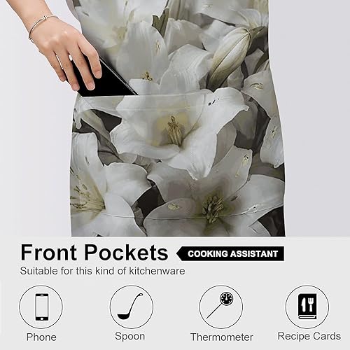 Miniatura 5 de Personalized White Lily Bouquet Adult Apron, Kitchen Cooking Aprons for Woman Man, Adjustable Bib Apron with Pocket for Baking, BBQ Crafting