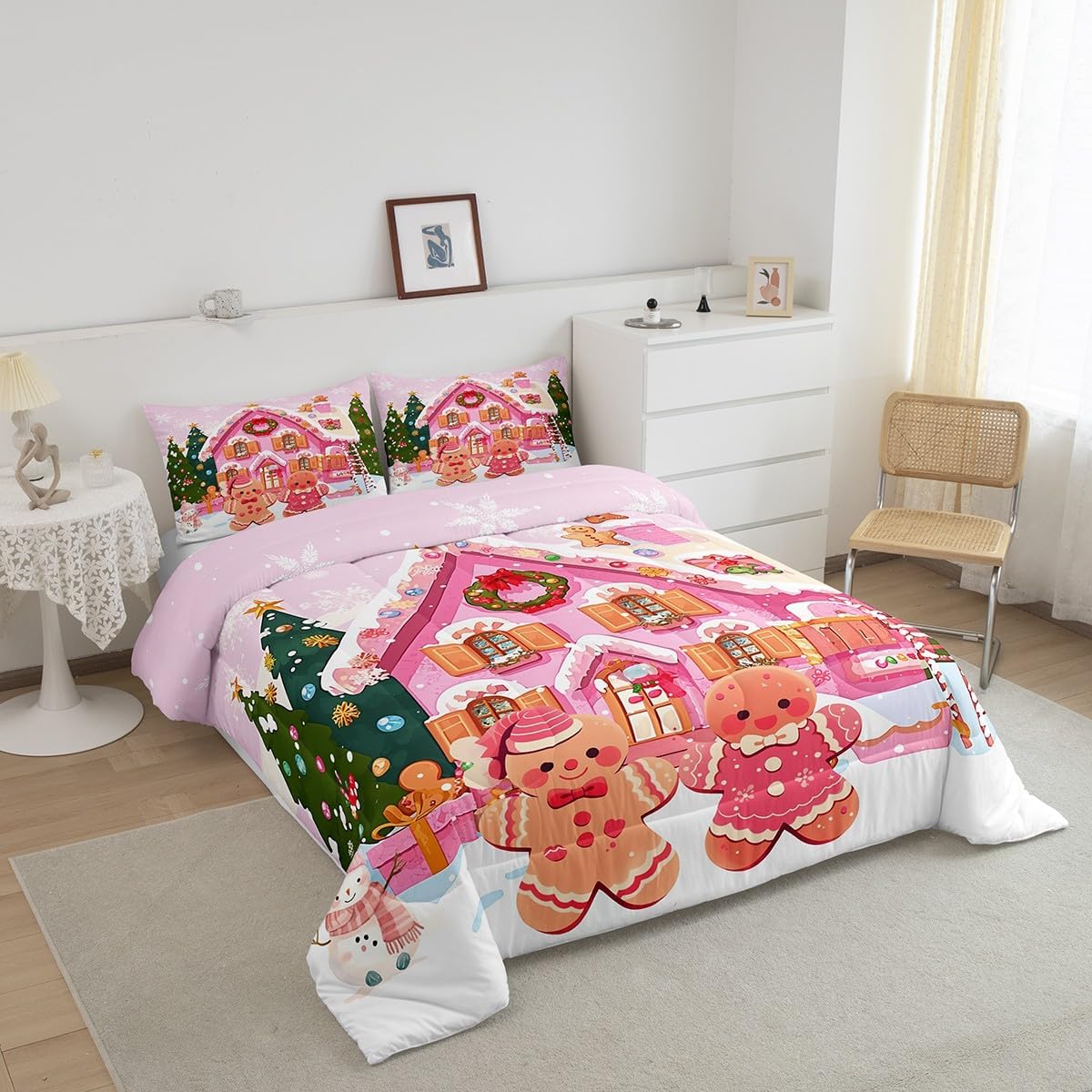 Manfei Pink Gingerbread House Bedding Comforter Sets Twin,Xmas Kawaii Gingerbread Man Candy Bedding Set for Bedroom Decoration,Watercolor Winter Christmas with 1 Comforter and 1 Pillow Case