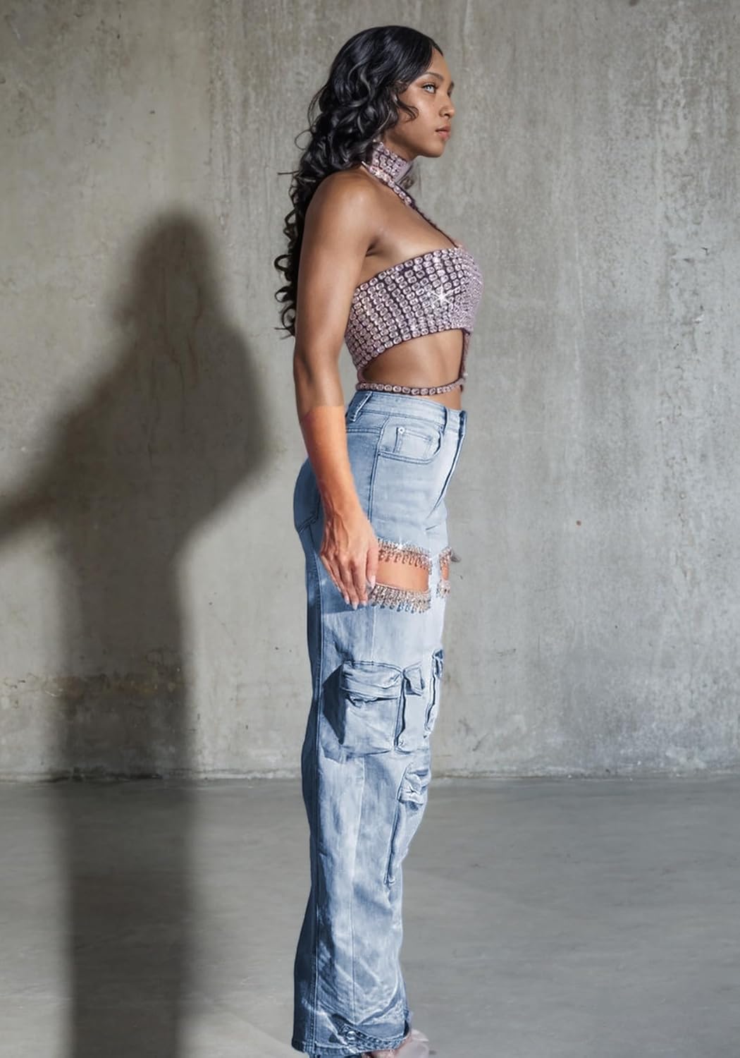 Tbahhir Rhinestone Jeans for Women Cargo Baggy High Waisted Straight Leg Denim Pants with Slit Shiny Sparkly Trousers - Image 6