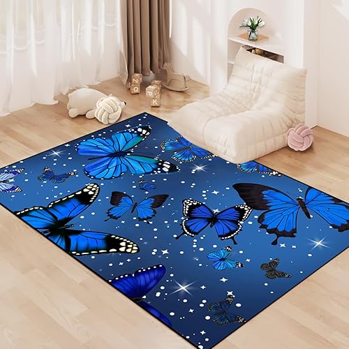 Miniatura 4 de Alfombra de mariposa azul con estampado de estrellas brillantes, alfombra de mariposa para niñas, dormitorio, sala de estar, decoración de