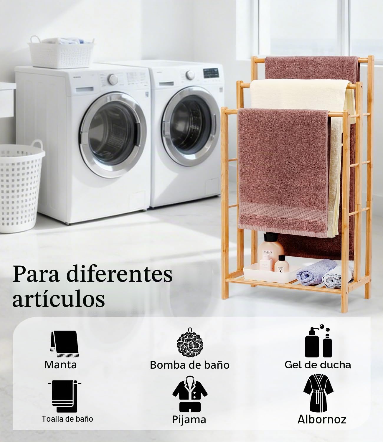 Toallero de bambú con estante, toallero de pie, escalera de pie con 3 barras, baño, salón, ahorra espacio (96 cm de alto)