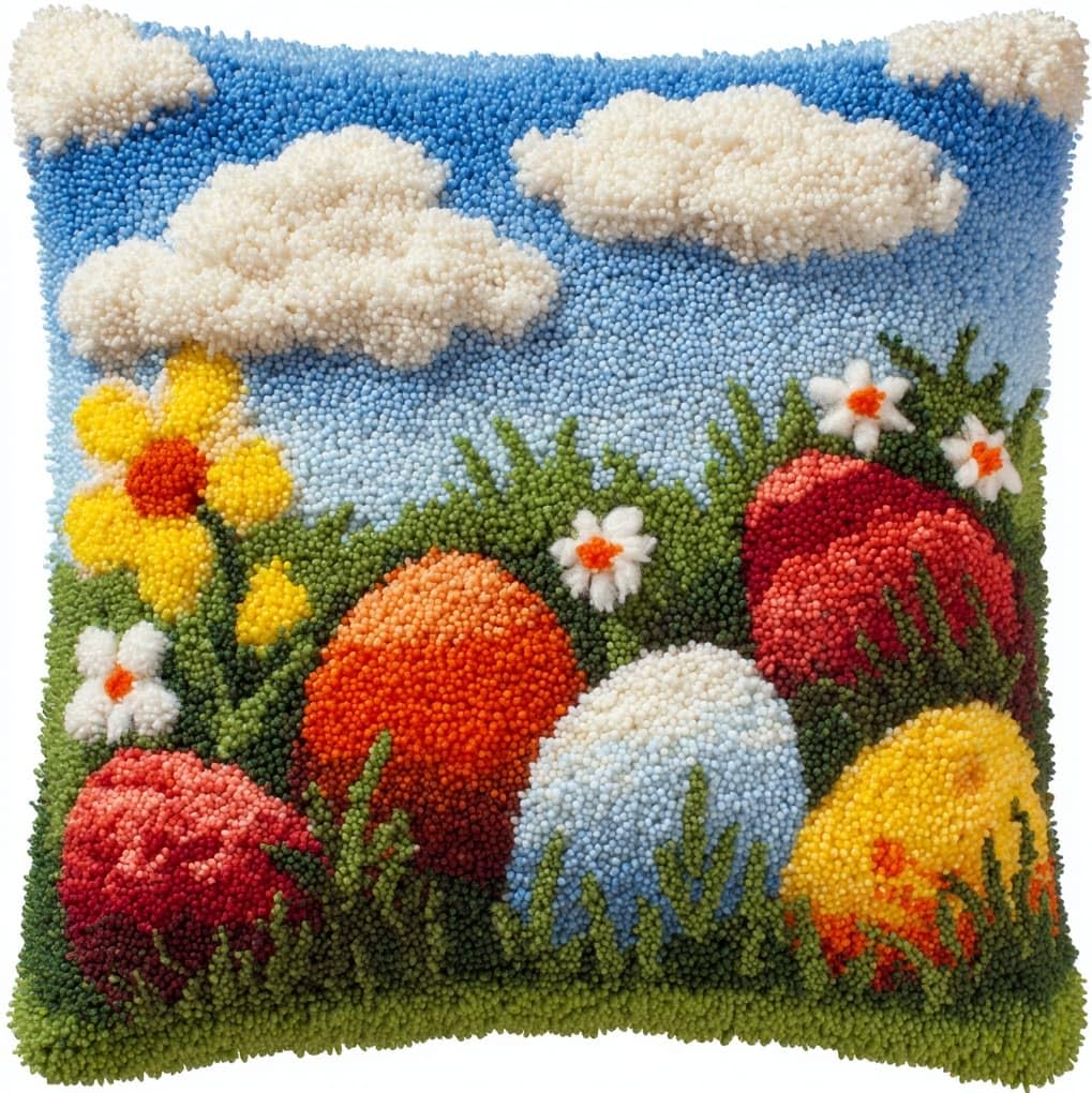 WallustrioaW Latch Hook Pillow Case Kits,Easter Eggs in the Flower Bushes
