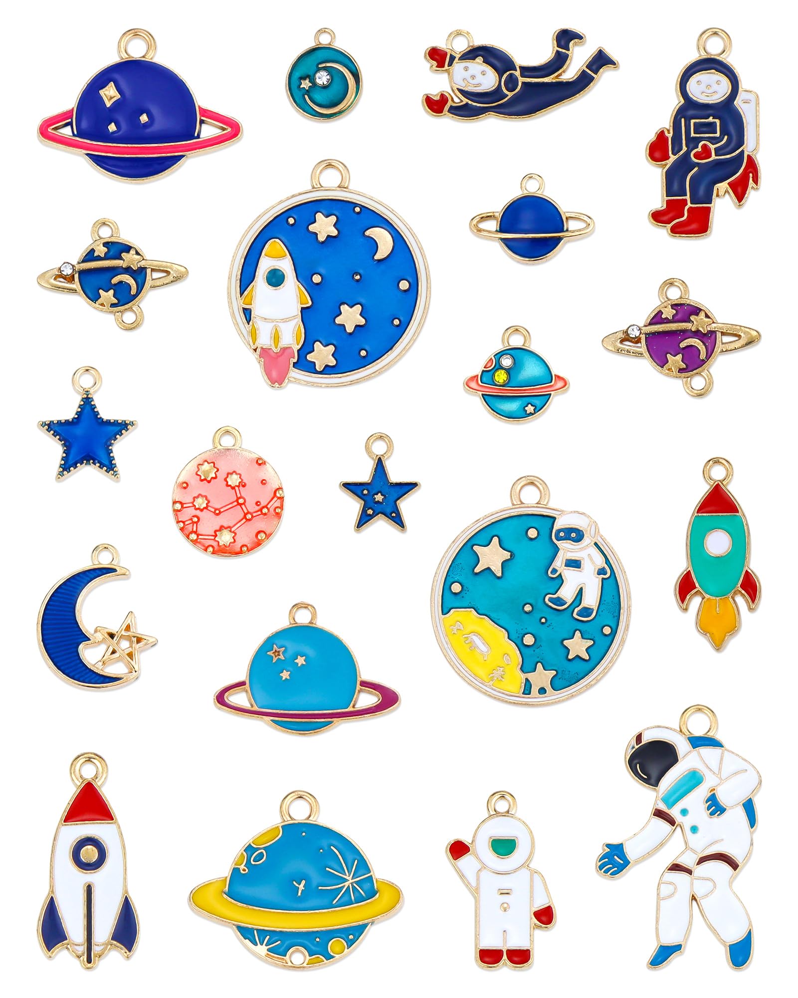 JIALEEY Space Theme Charm Assorted Gold Plated Enamel Mixed Astronaut Jupiter Rocket Planet Celestial Charm Pendant DIY for Necklace Bracelet Earring Jewelry Making, 20PCS