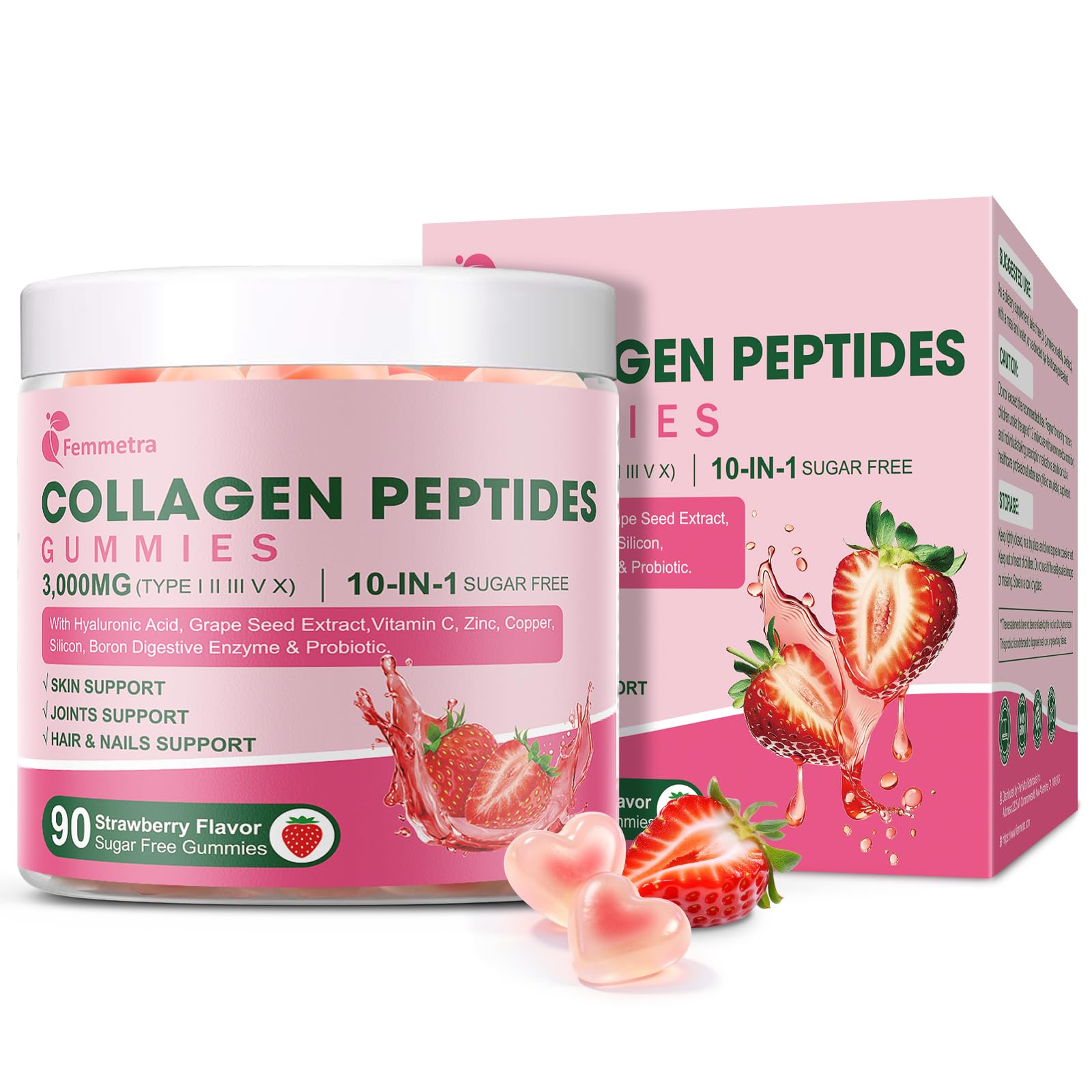 Collagen Gummies Women Men Sugar Free 3000mg + 120mg Hyaluronic Acid, 90 Ct