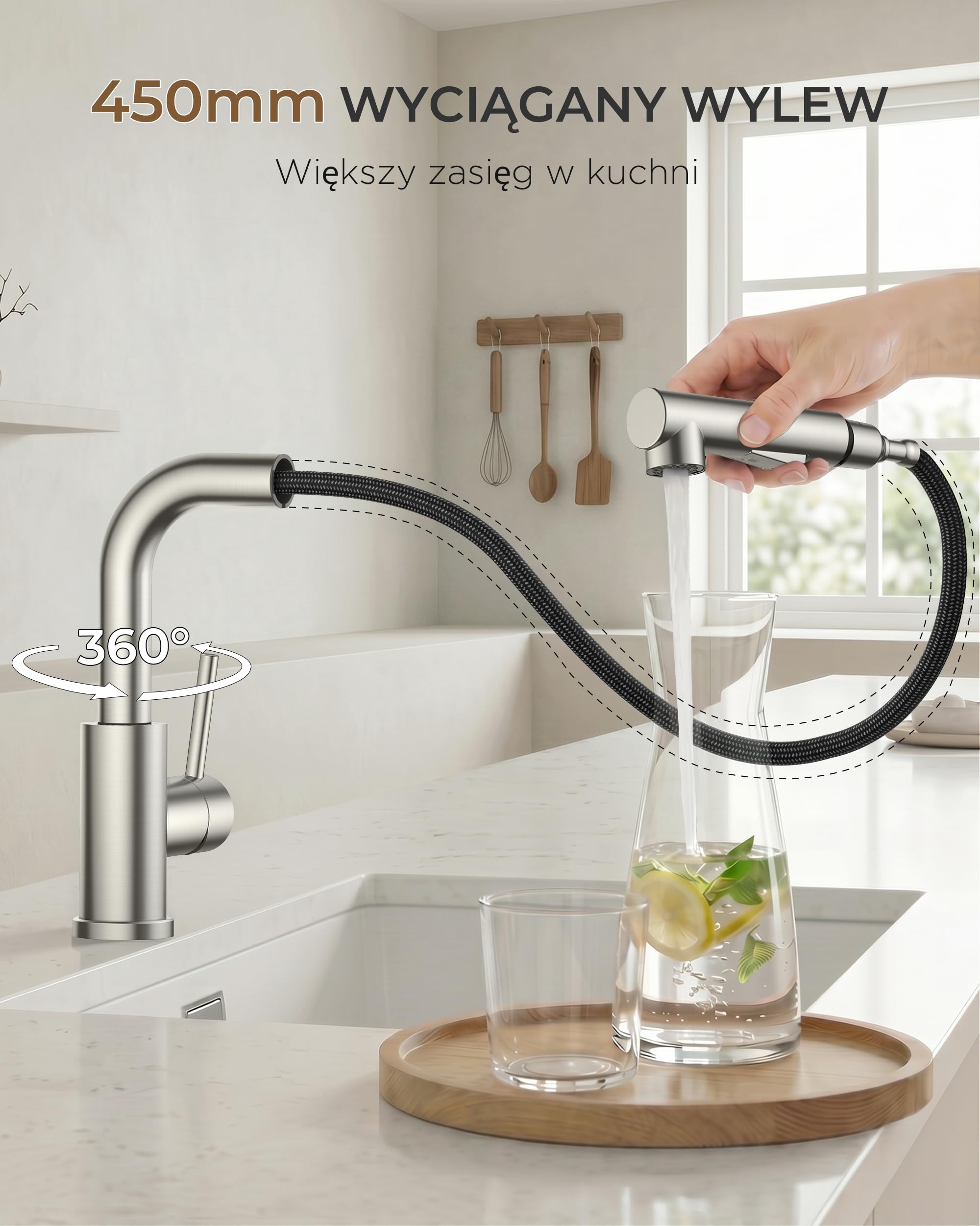 FORIOUS Kran Kuchenny, Bateria Kuchenna Wyciąganą, Kran Zlewozmywakowy ze Stali Nierdzewnej w Kształcie Litery L, 2 Trybami Natrysku i Obracalna o 360°, Wysokość Wylewki 210mm