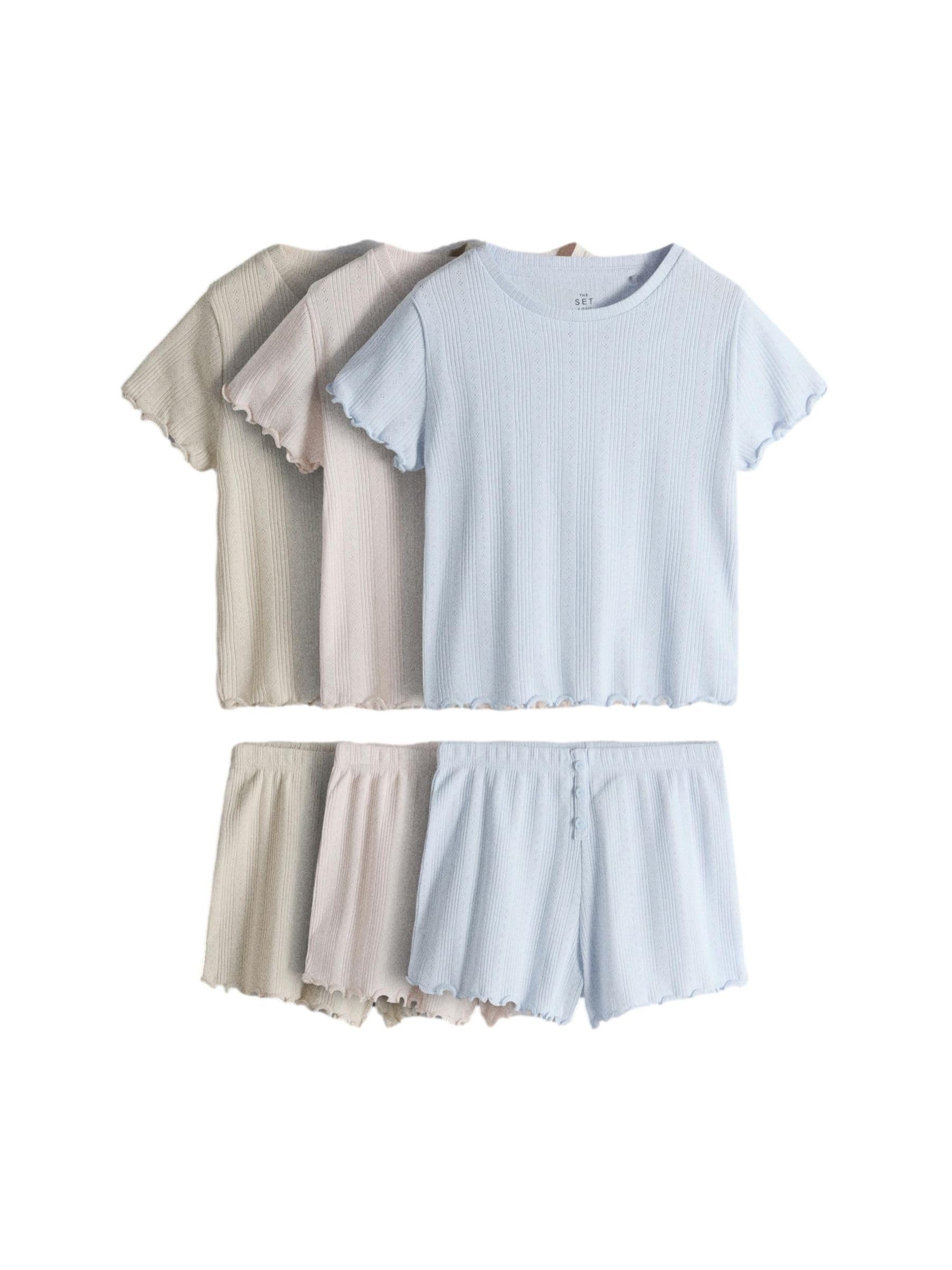THE SET Fille Pyjama en Jersey Manches Courtes avec ajouré Pointelle, Lot de 3
