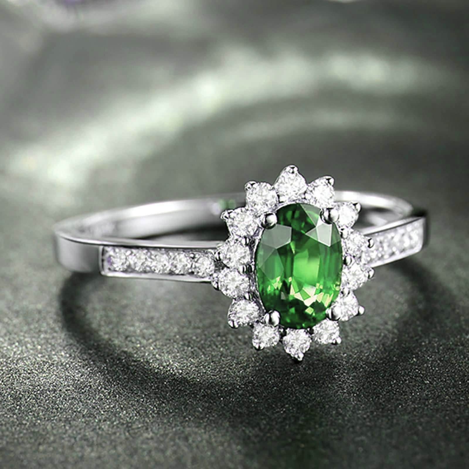 Fingerring für Damen, 925 Sterling Halo, ovaler grüner Zirkonia, modische Größe H 1/2-V 1/2