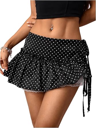 MakeMeChic Womens Polka Dots Mini Skirt Summer Tie Side Lace Ruffle Layered Y2K Short Skirts