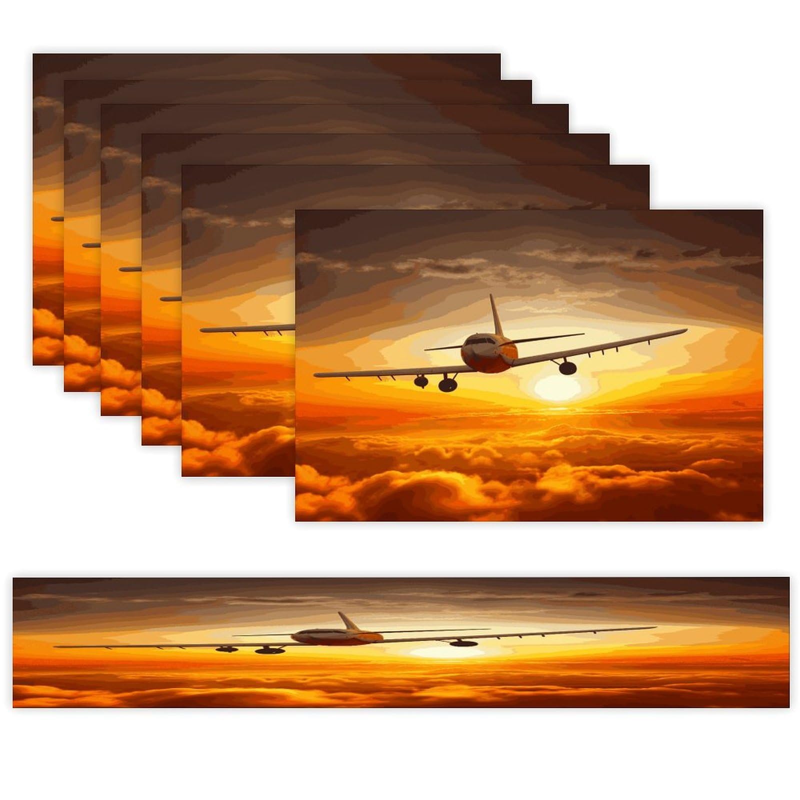Aircraft Plane at Sunset Table Runner and Placemats Set of 6 Wipe Clean Heat Resistant Table Mat with Table Runner Decorations Flax Linen Place Mat Set for Home Kitchen Party Supplies