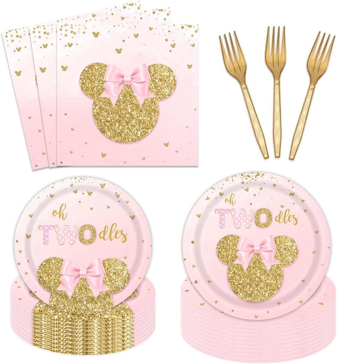 96 PCS Cartoon Mouse 2nd Plates and Napkins Party Supplies Girls Oh Twodles Mouse Happy 2nd Birthday Tableware Set Two Years Old Birthday Dinnerware Party Decorations Serve 24 Guests
