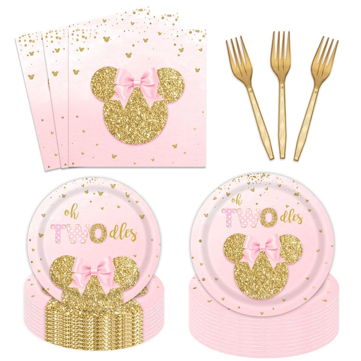 96 PCS Cartoon Mouse 2nd Plates and Napkins Party Supplies Girls Oh Twodles Mouse Happy 2nd Birthday Tableware Set Two Years Old Birthday Dinnerware Party Decorations Serve 24 Guests