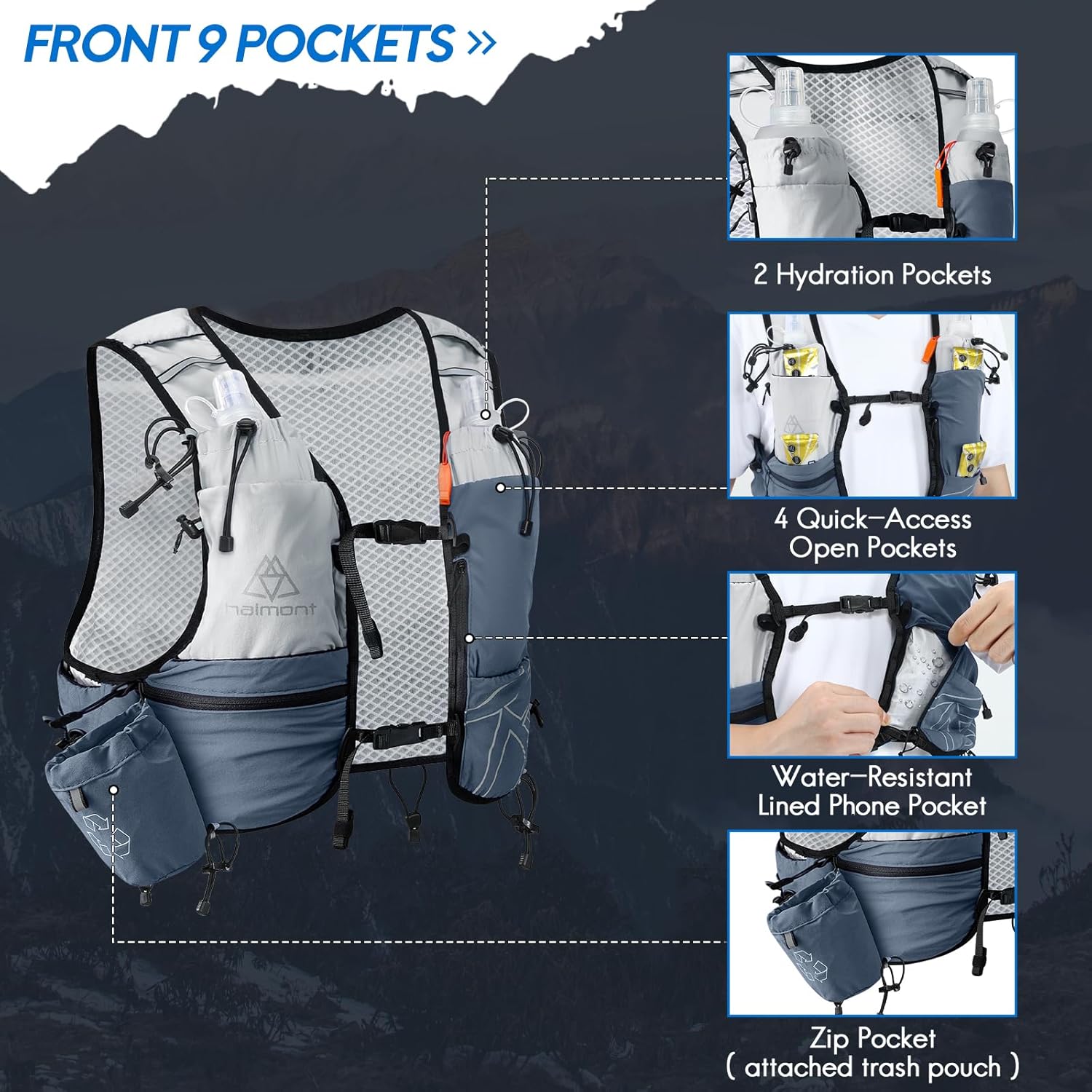 Haimont Hydration Running Vest with Water Bottles for Women Men, Adjustable Lightweight 8L Water Backpack with Soft Flasks for Trail Running - Image 4