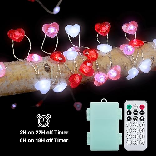 Miniatura 6 de KAiSnova Guirnalda de luces de corazón rojo para el día de San Valentín, cadena de luces de corazón de amor, funciona con pilas con control remoto y