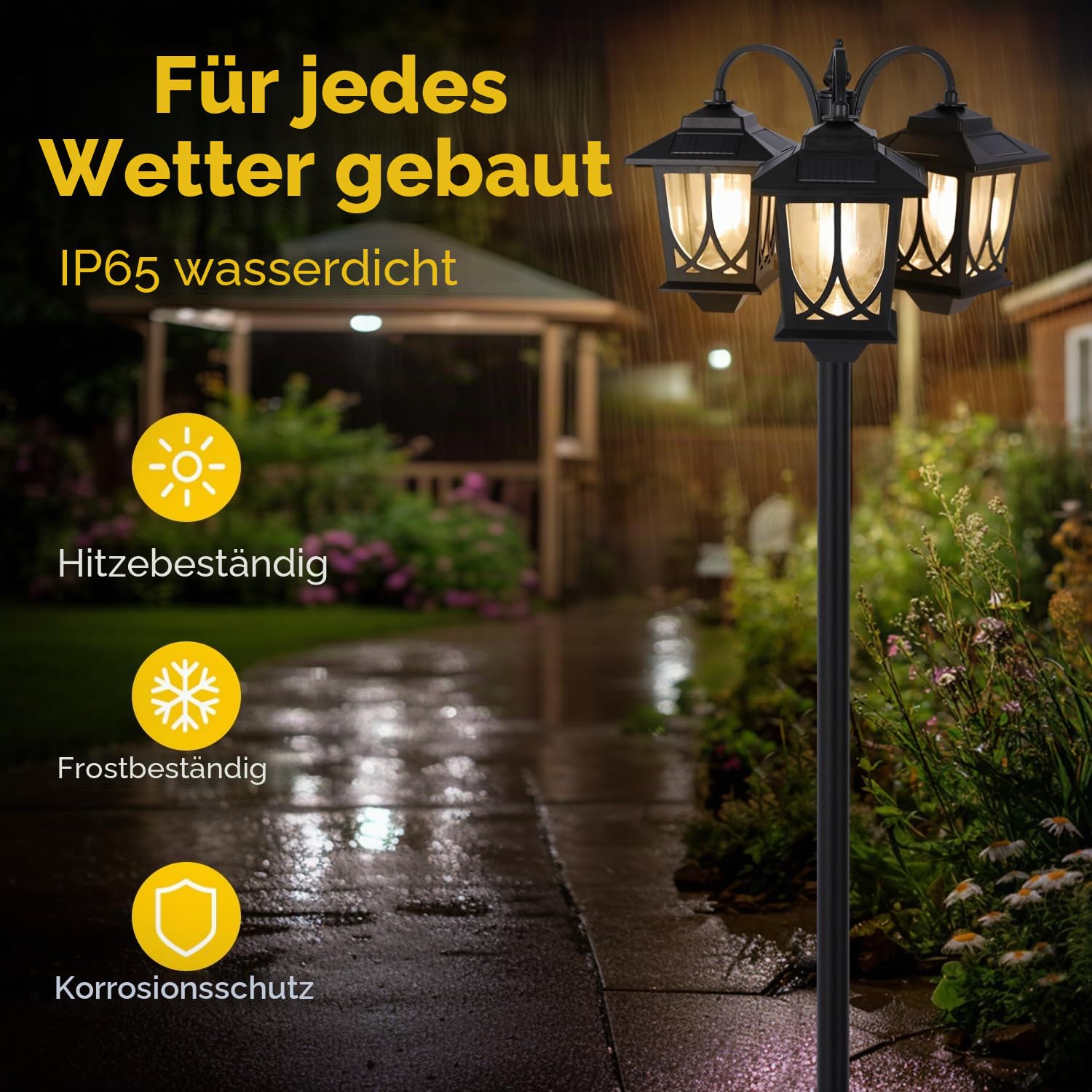 3-Kopf-Solarlampe Pfostenleuchte, 185,4 cm, Solarleuchten für den Außenbereich, wasserdicht, 60 lm, 3000 K, Wegeleuchten für Garten, Rasen, Hof