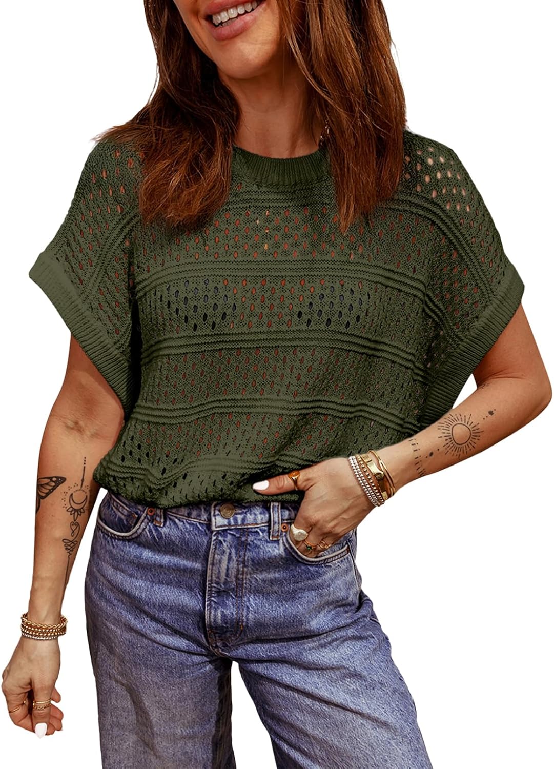 Sidefeel Womens Summer Sweaters Lightweight Casual Short Sleeve Crochet Hollow Out Knit Pullover Tops Clothing