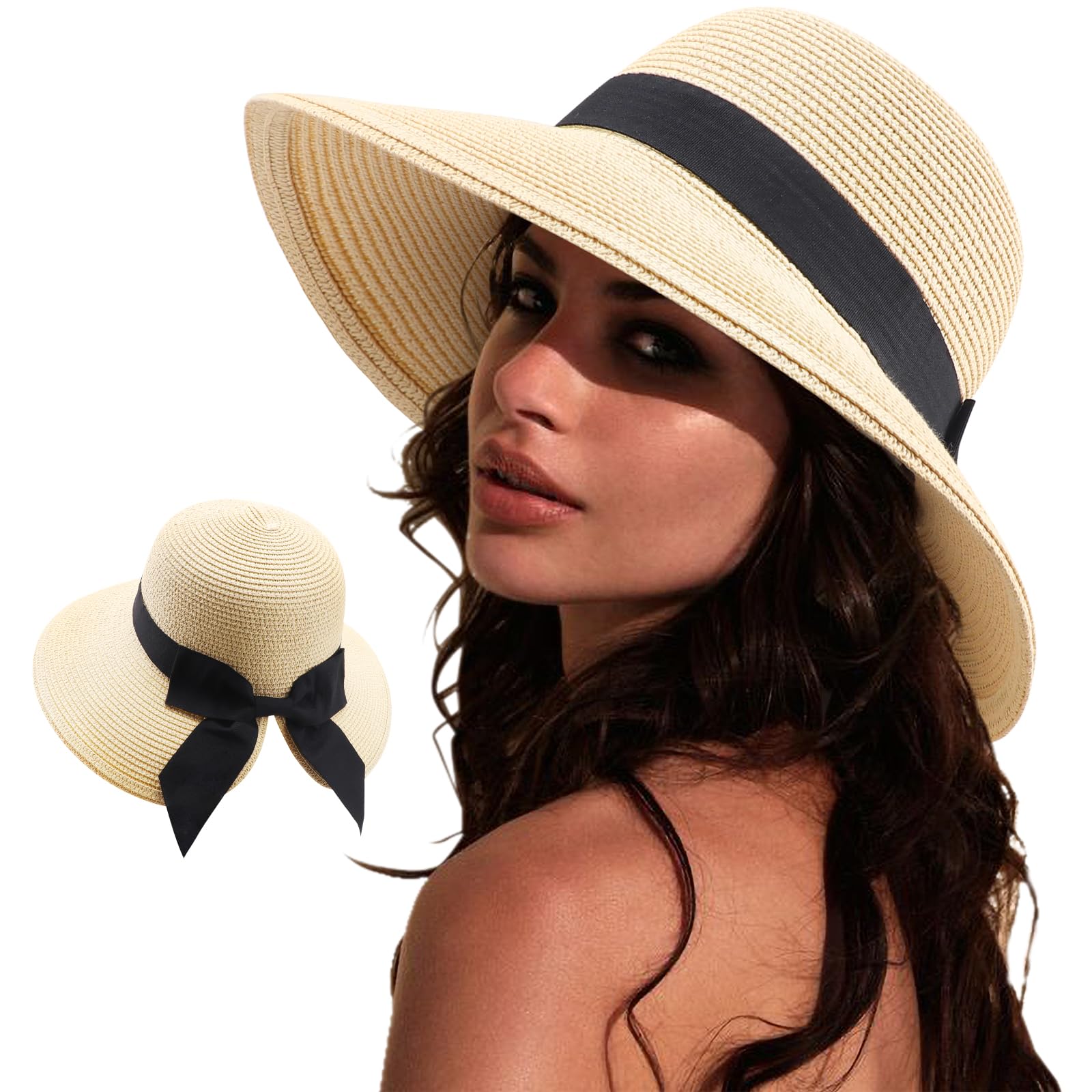 DRESHOW Sun Hats for Women Travel Fedora Foldable Beach Sun Hat Summer Wide Brim Straw Bucket Hat with Bowknot UPF 50+