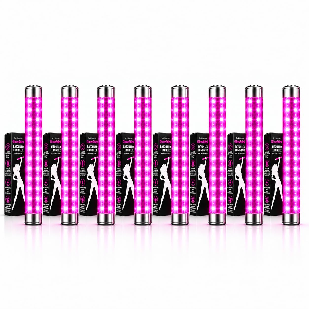 Lote de 8 palos luminosos LED rosas recargables USB-C – 3 modos de iluminación, hasta 10 horas de autonomía, para servicio de botellas, bares, clubes, discotecas y veladas