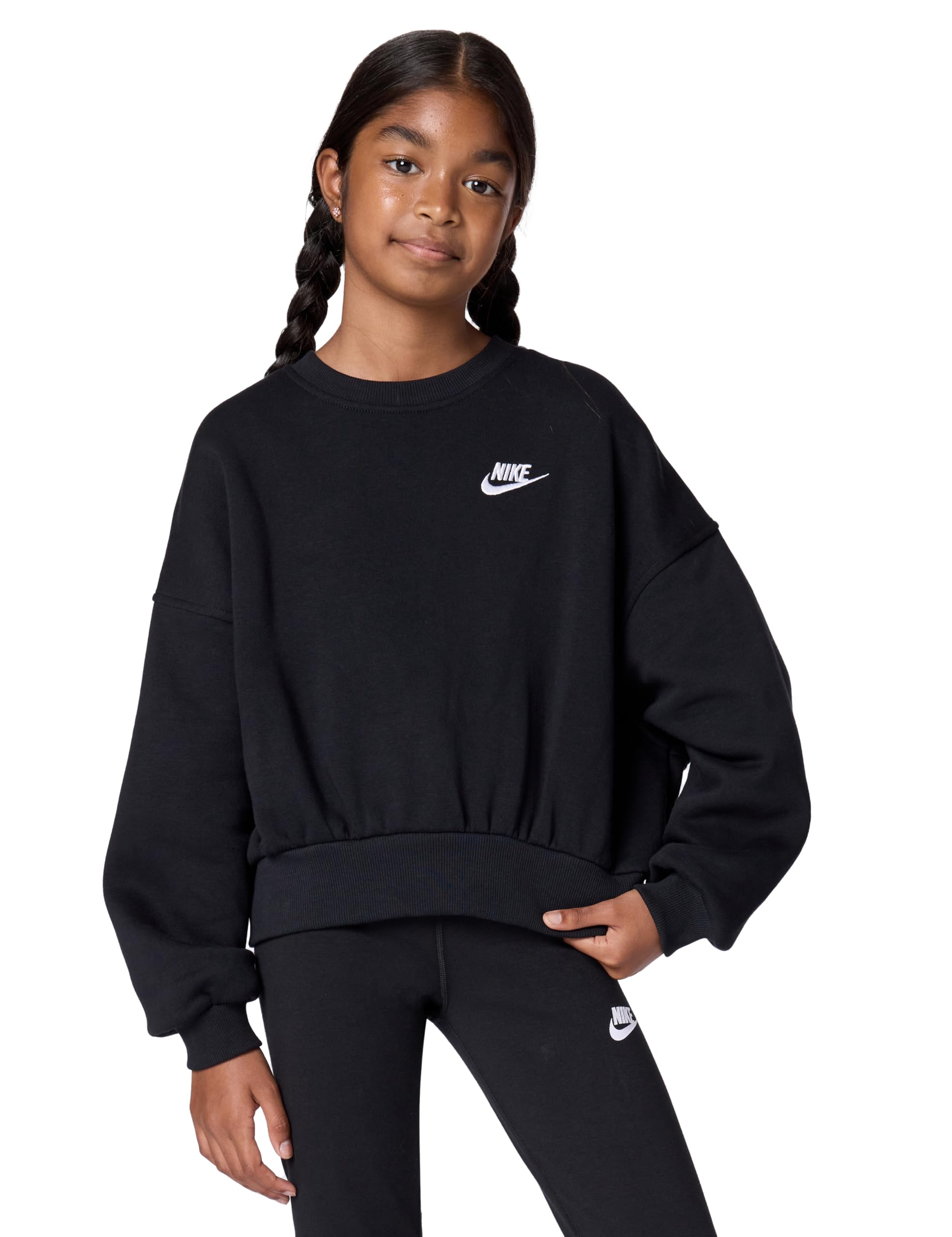 Nike Girls Sportswear Club Boxy Crew Neck Sweatshirt, Black/White, Size S