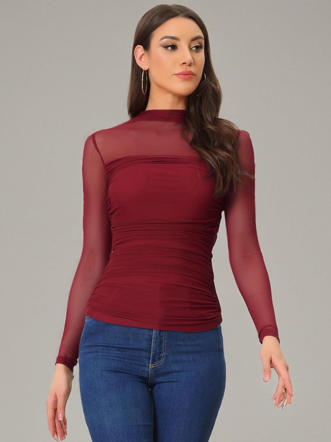Allegra K Mesh Top Women Sheer See Through Long Sleeve Mock Neck Slim Fit Ruched Shirts Trendy Casual Going Out Tops Blouses - Image 6