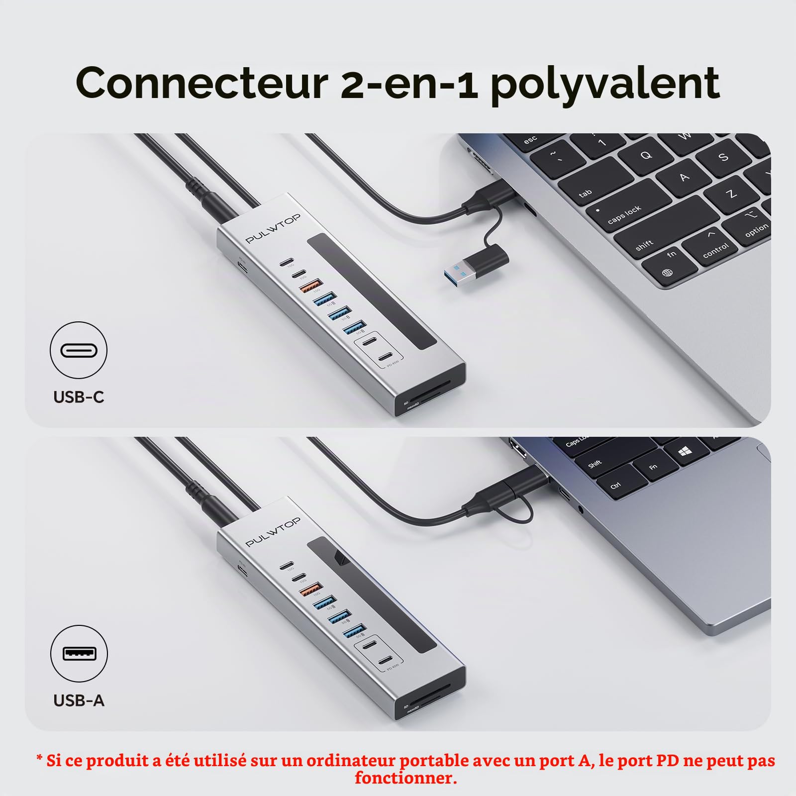 Hub USB-C alimenté 11-en-1 avec 2 Ports de Charge USB-C PD 24/45 W | PULWTOP USB HUB avec SD/TF, 2 * USBC 10 Gbps, 4 * USBA 5/10 Gbps et 2 * 24/45W Type-C PD Ports (Adaptateur DC 72W Inclus)