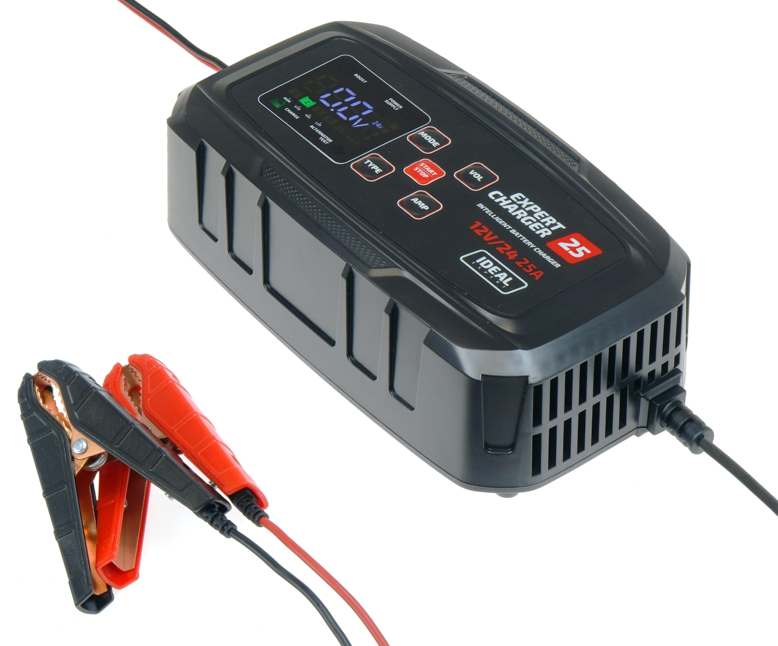 IDEAL EXPERT Charger 25 batterie auto caricabatterie 12 V 24 V – 25 A caricatore rapido e caricatore di mantenimento per auto, camion e moto, caricabatterie intelligente per auto AGM Gel LiFePO4 con