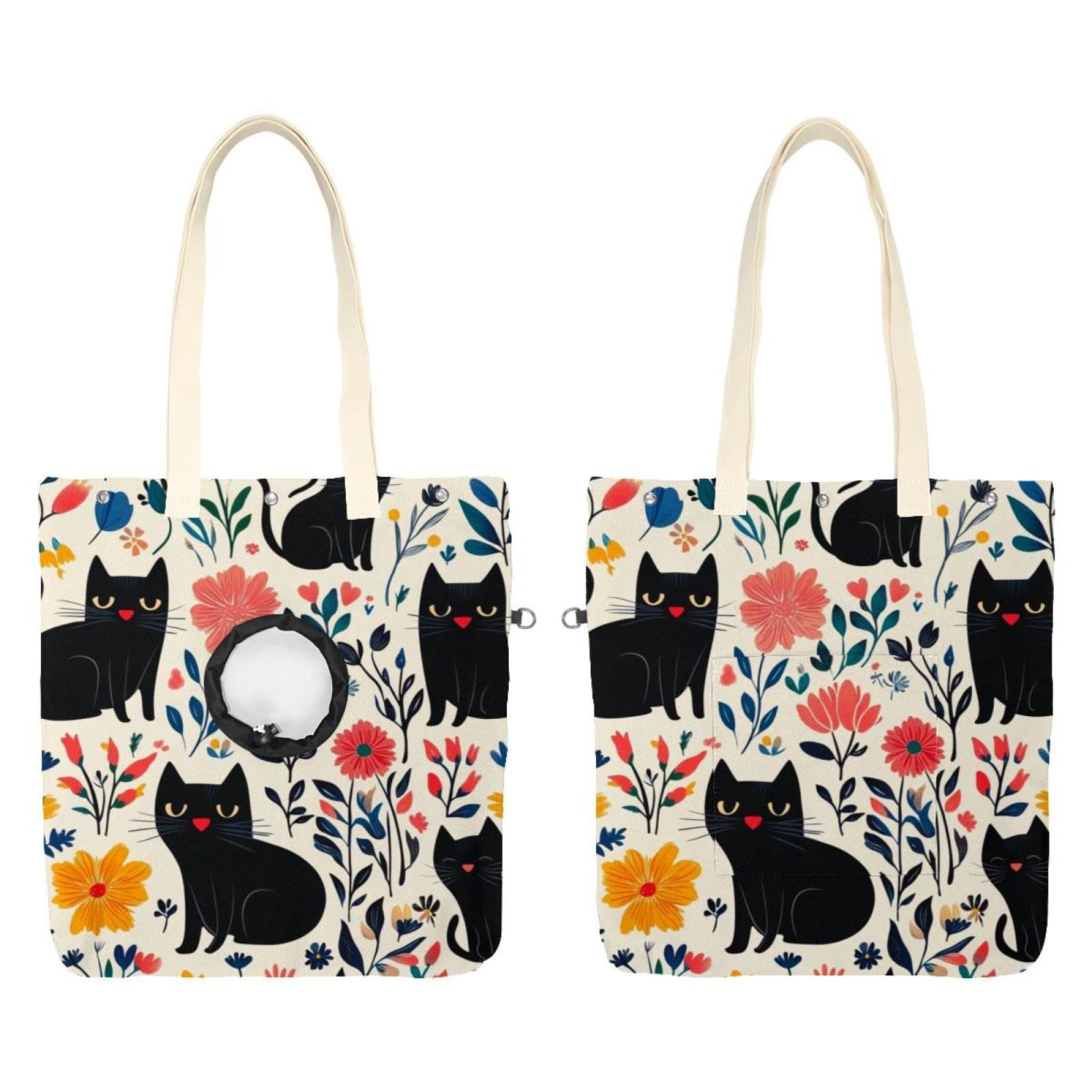 Bolsa de hombro de lona para mascotas Show Head con diseño de gatos negros y flores
