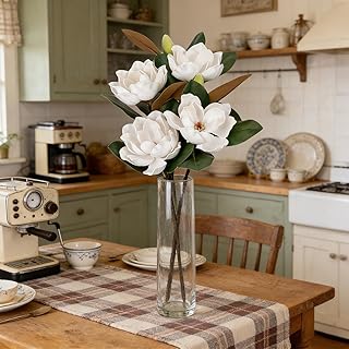 2PCS 30.3inch Artificial Magnolia Flowers with Green Magnolia Leaves and Fruit 3D Real Touch 4 Heads Long Stem Faux Magnolias Flower for Home Wedding Table Office Floral Arrangement Decoration (White)