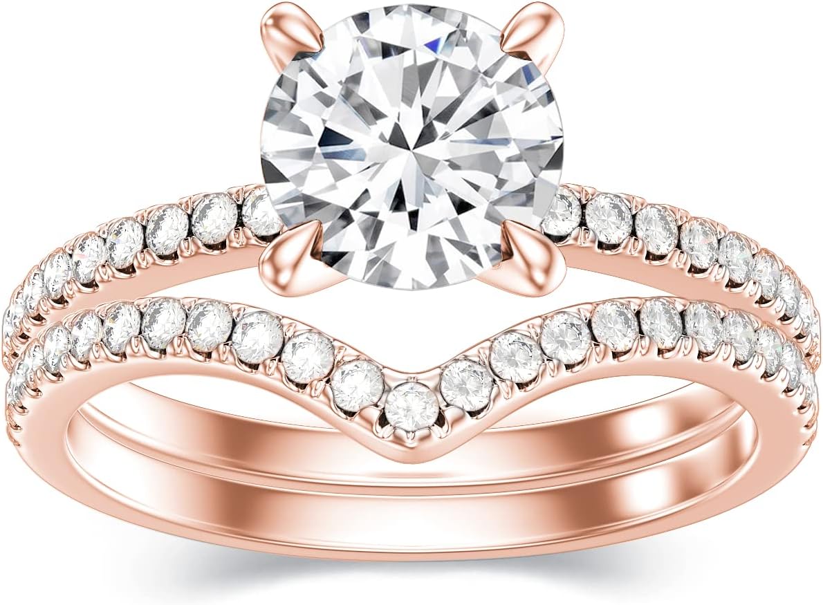 1.28 Carat (ctw) Round-Cut Moissanite Bridal Sets Wedding Engagement Ring Sets for Women, White Gold Wedding Band Engagement Rings, Customizable 925 Sterling Silver, 10k gold, 14k gold, 18k gold