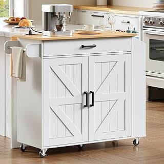 HOOBRO Kitchen Island with Drop Leaf Countertop & Power Outlet, Rolling ...