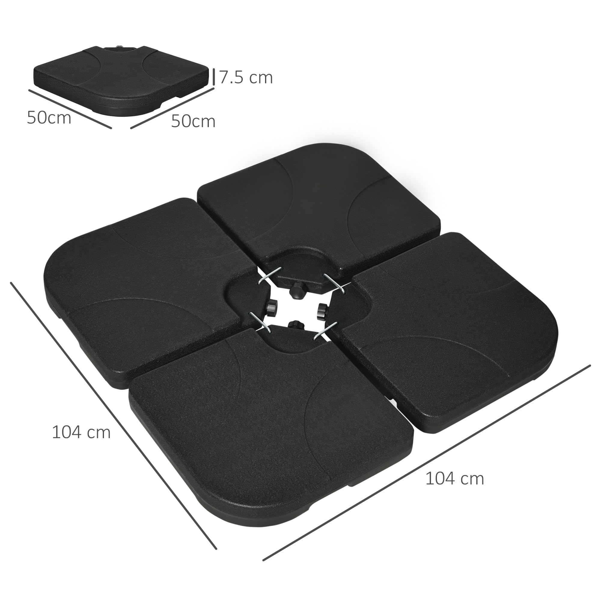 Outsunny Base per Ombrellone Set 4 Pezzi in HDPE Riempibile con Acqua o Sabbia, Basamento per Ombrellone con 4 Connettori, 104x104x7.5 cm, Nera
