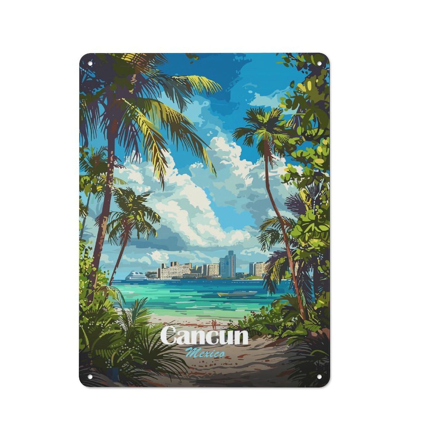 Junmoney Style-9 Classic Vintage Metal Sign 40X30cm Featuring Cancun Mexico Tropical Beach Illustration, Classic Pub Decor For Bar, Kitchen, Garage Or Games Room
