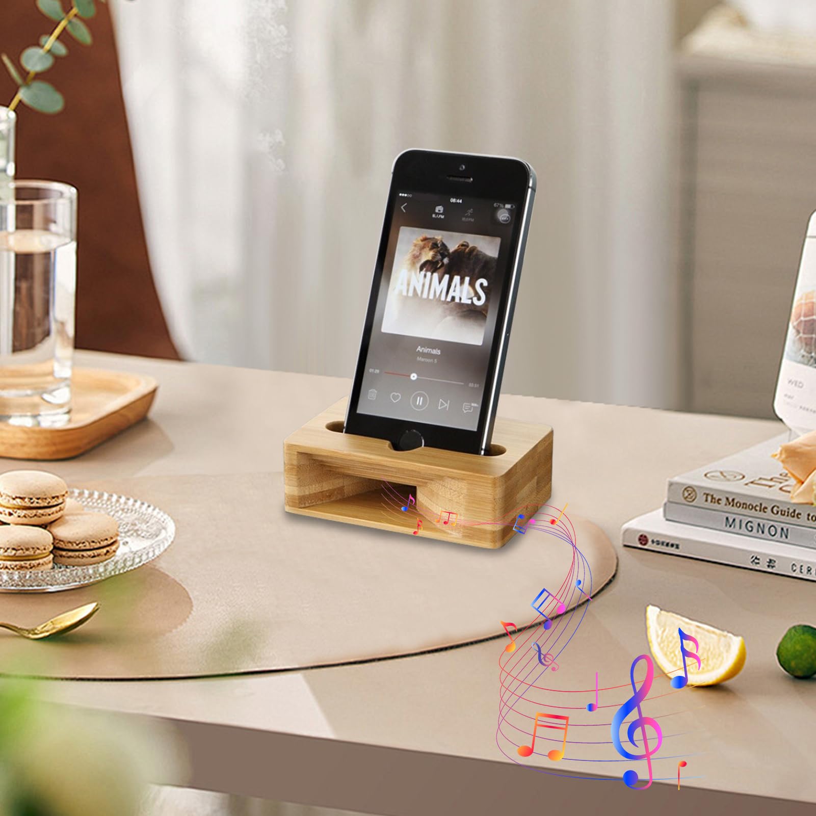 Soporte de teléfono de madera multifunción con altavoz incorporado de diseño elegante soporte de madera para teléfono inteligente, soporte de teléfono práctico con función de altavoz para casa