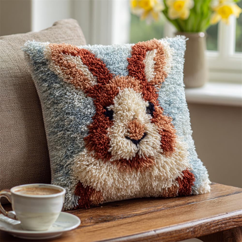 Kitquiver Latch Hook Cushion Kits for Adults, Hare Latch Hook Pillow Case Kits Embroidery Kits 17X17Inch, DIY Needlework Pillow Cover Sofa Cushion Rug Making Kits, DIY Craft Kits 43X43 Cm - Stitch
