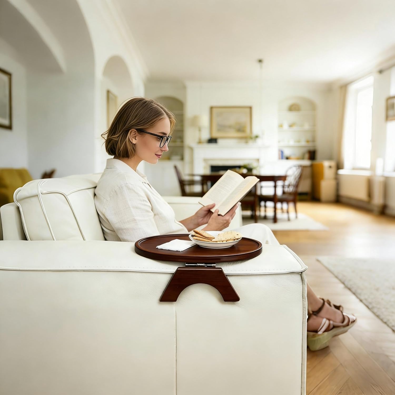 DETOR Clip-On Couch Armrest Table, 13.4" x 10" Oval Shape, Mahagony Bamboo Finish, Stainless Steel Hinges, Odor-Free Non-Slip Pads, Fits 6"–10" Armrests