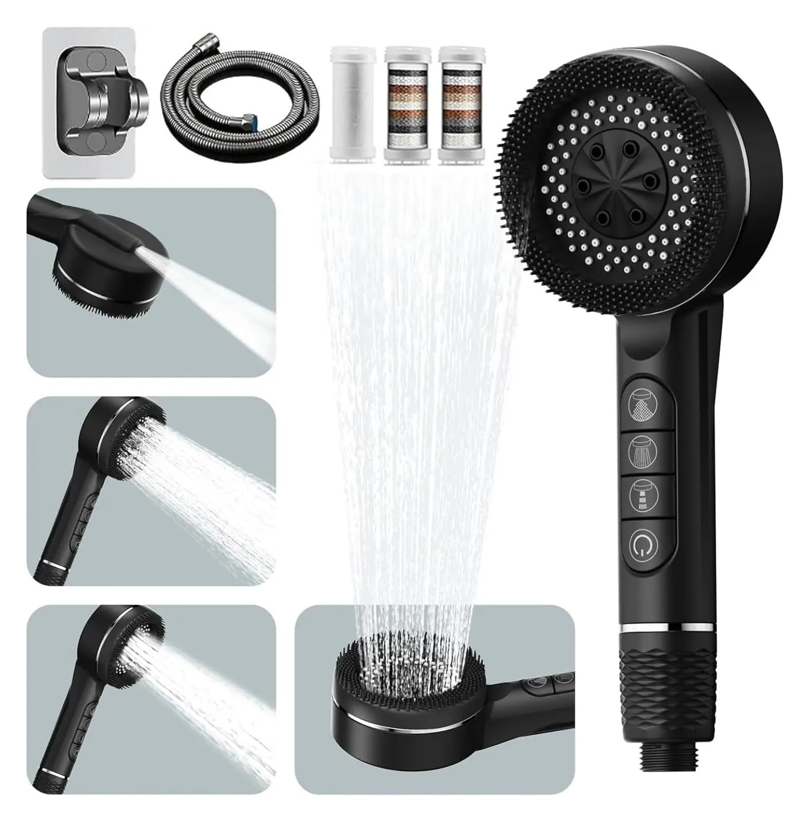 1 x 4-Modus-Handbrause mit Hochdruckfilter(1.5m Black Hose)
