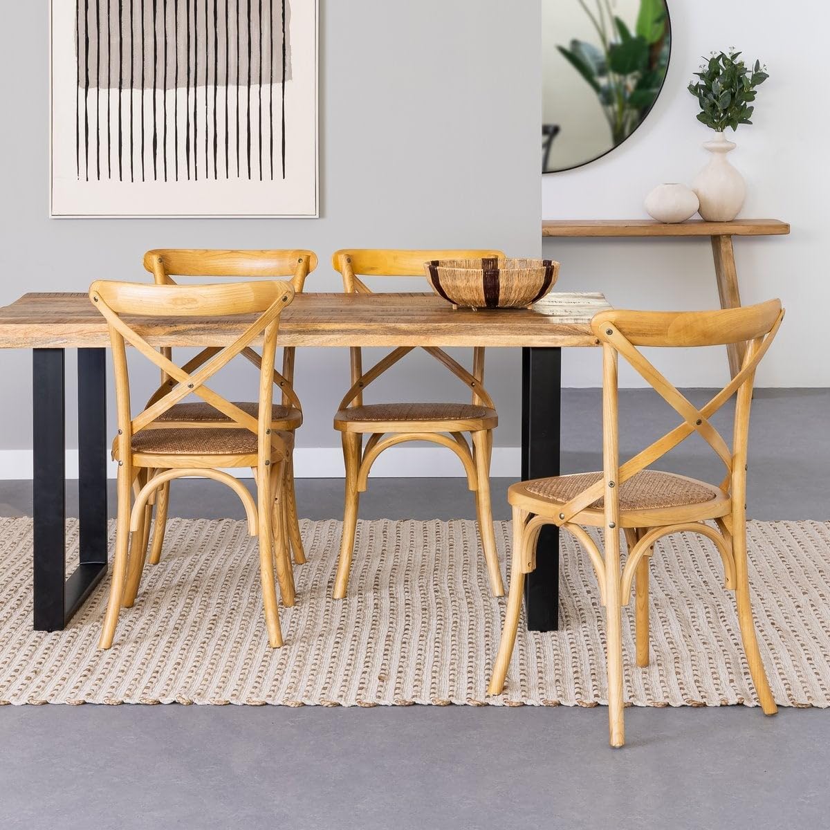 LOLAhome - Silla de Comedor Aspas de Madera de Olmo Color Natural con Asiento de ratán Trenzado en Tono Natural