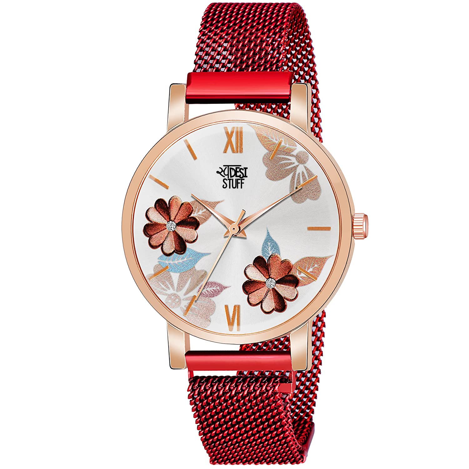 SWADESI STUFF Red Color Flower Dial Premium Magnet Stainless Steel Chain Strap Analog Watch For Women And Girls (B0B7DX67S2) Amazon Price History, Amazon Price Tracker