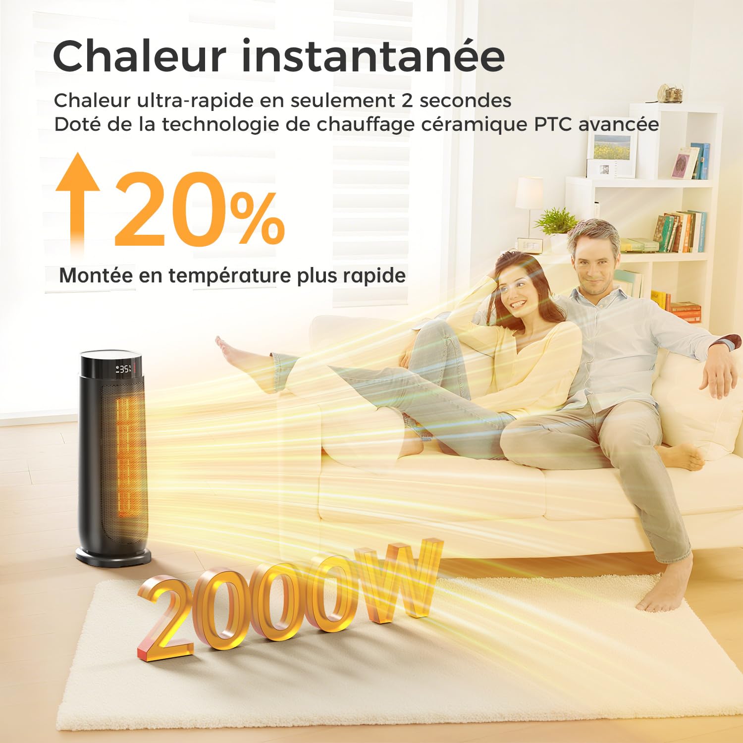 Aroeve Chauffage d'appoint, PTC 2000W Chauffage Electrique, 4 Modes dont Éco, Oscillation 90°, Minuterie 24H, Télécommande, Puissant et Silencieux avec, Protection contre Surchauffe et Chute pour la M