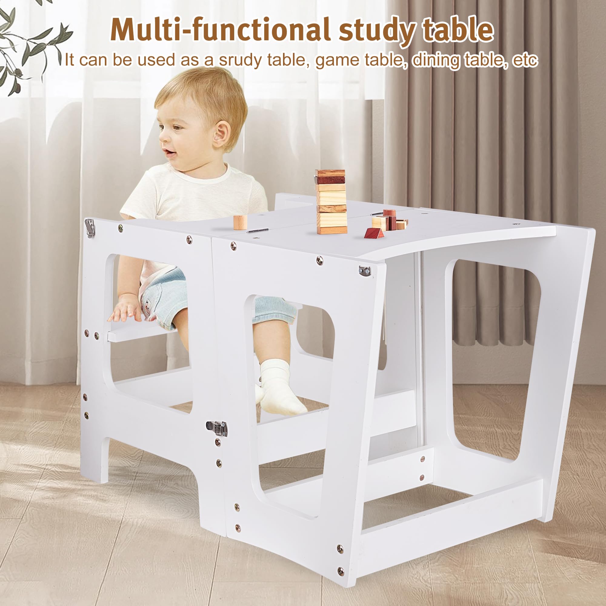 Torre de Aprendizaje Plegable 2 en 1, Madera Natural con Pizarra, Ayudante de baño y Cocina, Silla Multifuncional Segura para niños, Juego de rotuladores niños