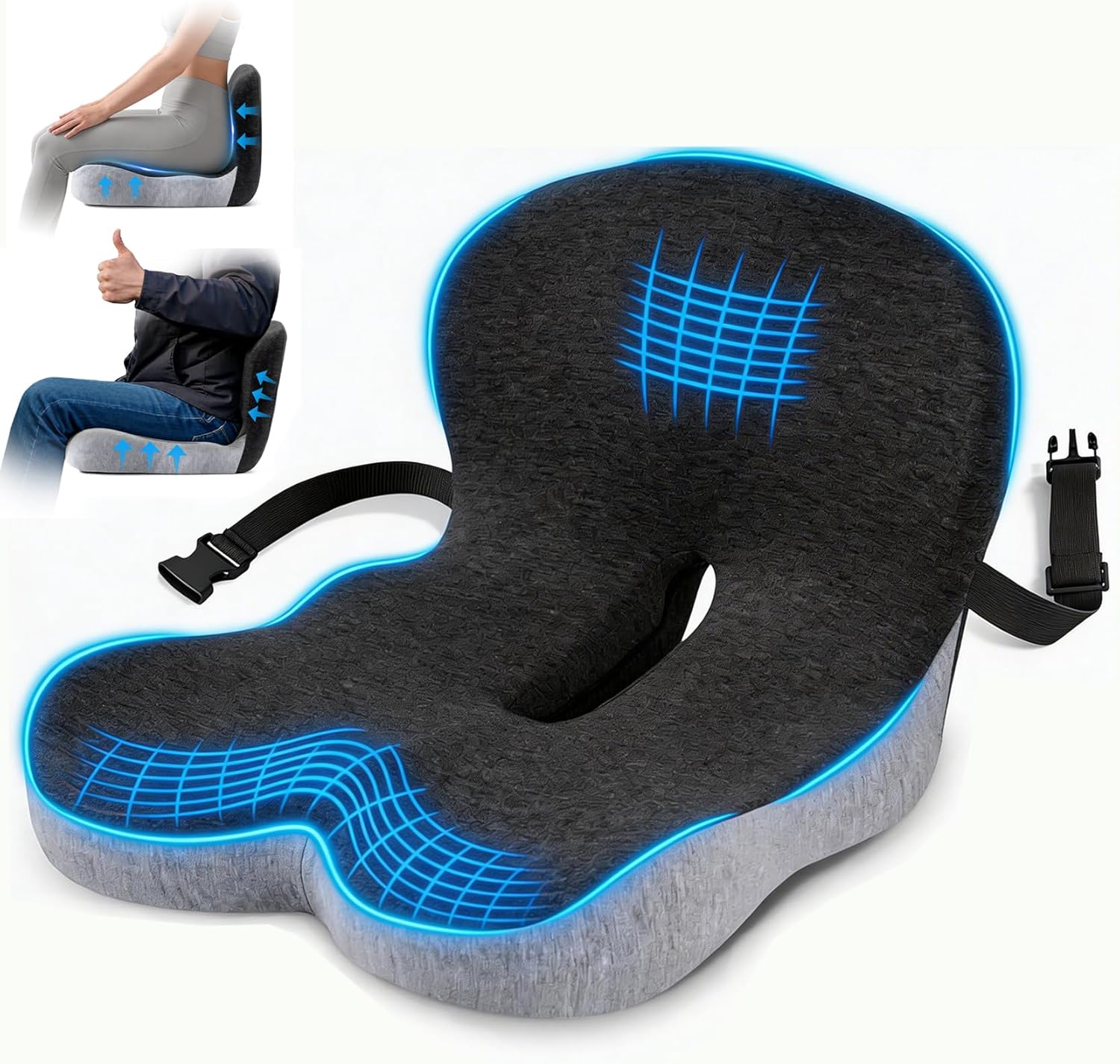 lazyzzz Office Chair Cushion, Memory Foam Seat Cushion with Lumbar Support & Adjustable Strap, Ergonomic Car Seat Cushion Back Pain Relief for Truck Driver, Office Chair, Gaming Chair