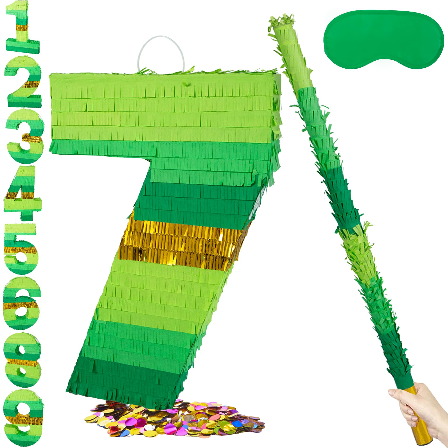 PCFING 20 Inch Number 7 Piñata Green Gold with 30 Inch Piñata Stick Blindfold Confetti for Boy Girl Adults Birthday Party Decorations, Anniversary Celebration, Fiesta